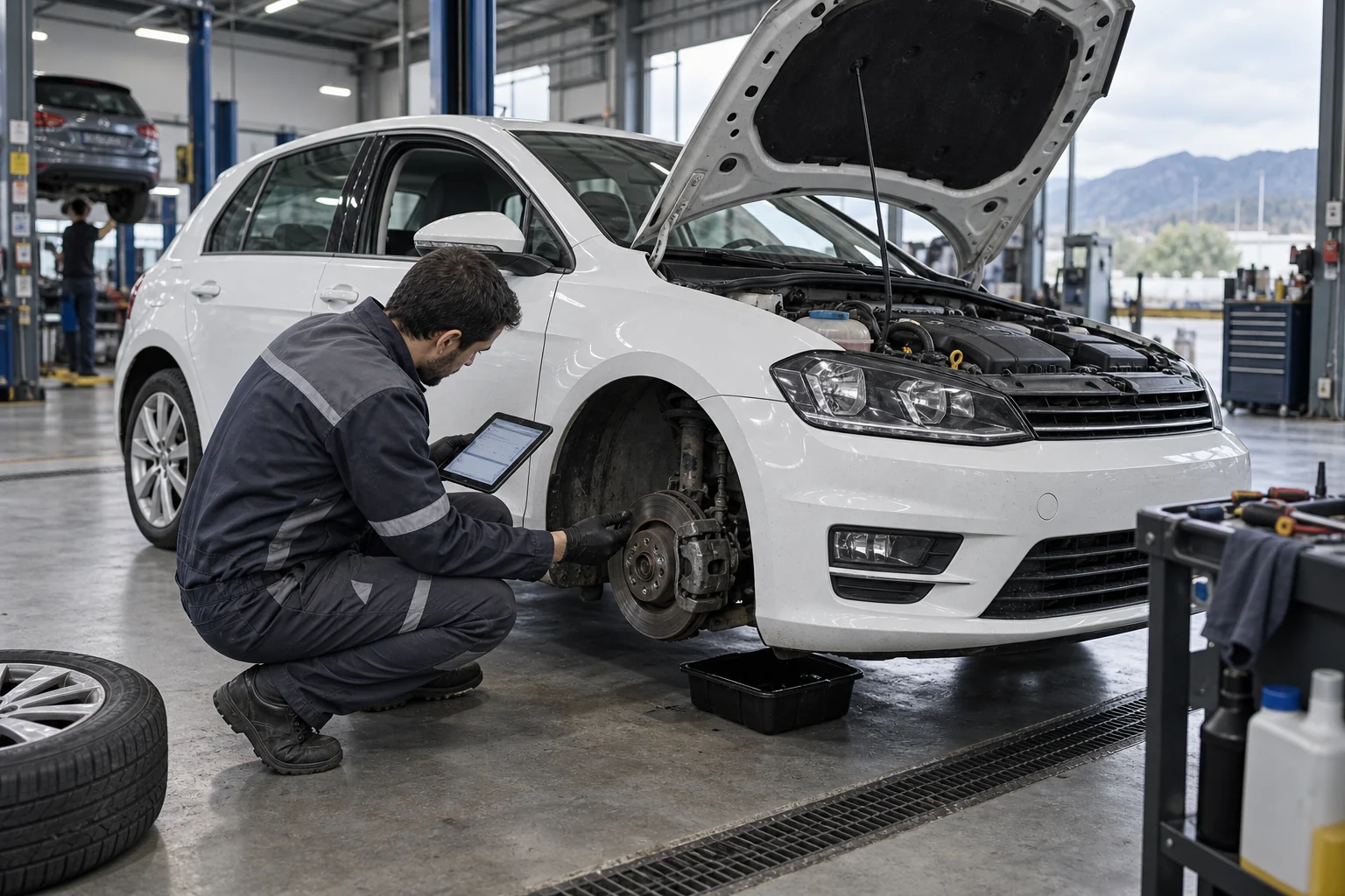 Técnico inspeccionando freno, rueda y datos de un vehículo usado antes de una compra